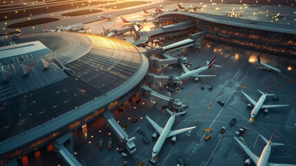 A busy airport terminal with planes taking off, representing global travel