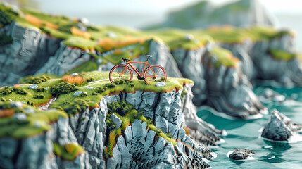 Bike Adventure: 3D Flat Icon of Bike Next to Irish Coastal Cliffs in Isometric Scene