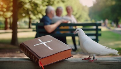 Elderly couple resting on a bench in the park after reading Bible.
