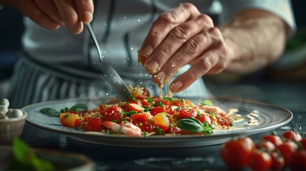 photorealistic digital rendering of a chef carefully assembling a well-balanced plate, showcasing the artistry and precision of food presentation