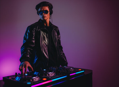 A man in a black jacket is standing in front of a DJ console. He is wearing sunglasses and headphones