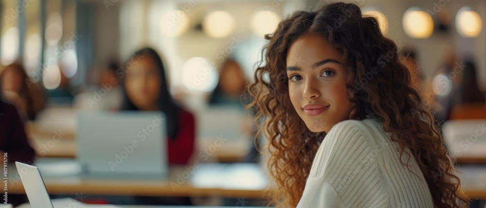 Poster female student studying in a university with diverse multiethnic classmates. she is using a computer