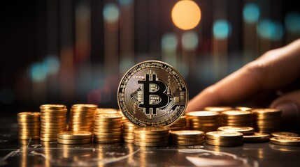 The image shows a hand placing a Bitcoin on a table full of other Bitcoins