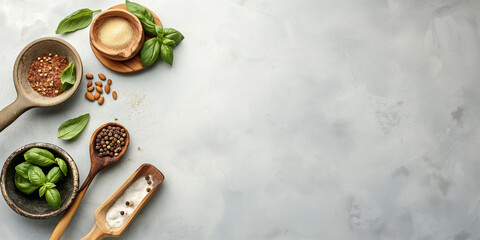 Different spices, herbs, and seasonings placed on concrete background, perfect for culinary concepts. copy space