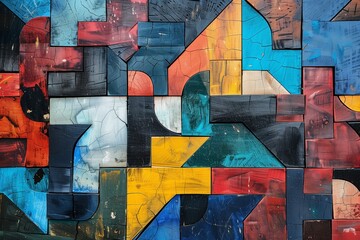 Striking geometric street art featuring vibrant colors and bold shapes on an urban concrete wall
