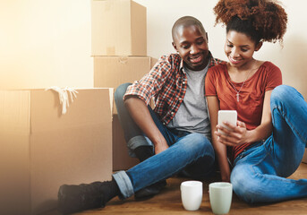 Black couple, happy and selfie on floor in new house with bonding, support or relax from moving...