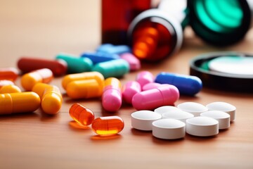 Various colored medicine capsules and glass bottles arranged on a tabletop, resembling home healthcare