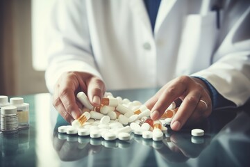 A medical professional organizing various tablets and capsules, conveying a healthcare concept