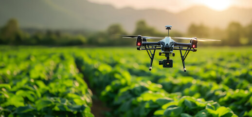 Modern agriculture concept with a drone flying over crops in a lush field, integrated with high tech solutions
