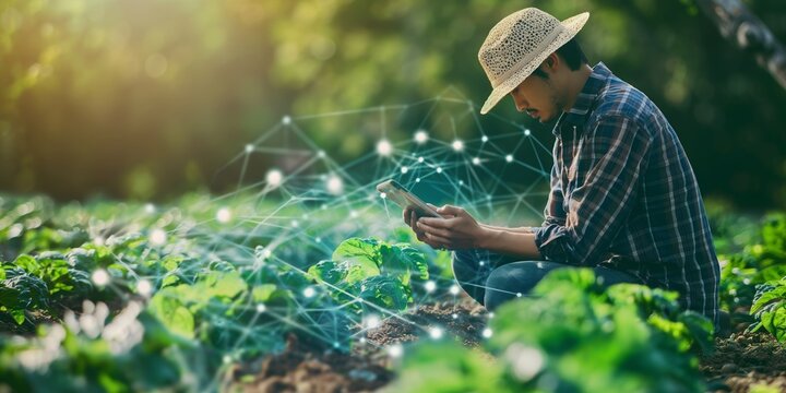 A farmer in a straw hat is using modern technology with digital overlay in a crop field for efficient farming