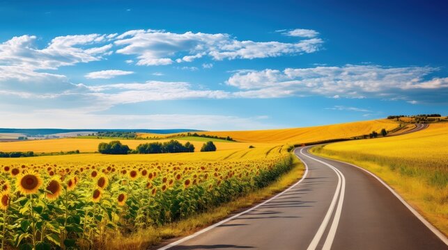 country road cutting through a field of golden sunflowers, under a vast expanse of blue sky. 