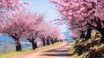 country road lined with vibrant cherry blossoms in full bloom, 