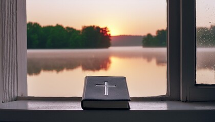 The Bible on a Windowsill overlooking a Misty Lake.