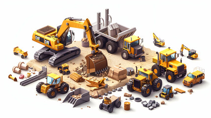 Isometric Construction Machinery at Work: 3D Flat Icons Demonstrating Equipment's Role in Land Development