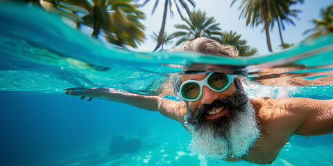 Fototapeta premium A mature man with a white beard joyfully swims underwater in a clear blue pool, with palm trees visible above water,on his destination vacation