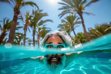 middle-aged man with white hair and beard peering over the surface of a tropical resort pool, enjoying his summer vacation.
