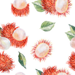 Fototapeta premium Seamless pattern. Hand Drawn Watercolor rambutan Fruit illustration.