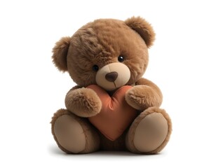 A teddy bear holding a heart-shaped pillow, sitting on a white background