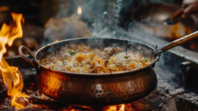 A chef cooking aromatic biryani rice in a large copper pot over an open flame