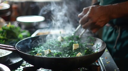 A chef cooking fragrant saag paneer, a classic North Indian dish with spinach and cheese