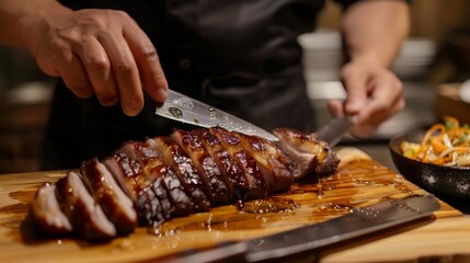 A chef expertly slicing succulent char siu pork for a classic Chinese dish