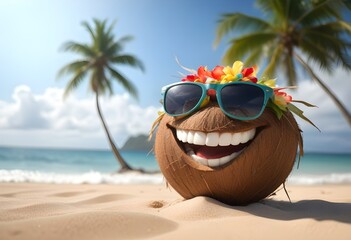 A coconut wearing sunglasses on a tropical beach with palm trees in the background