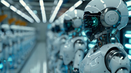 Fototapeta premium AI development lab with robots and scientists, holograms and futuristic user interfaces, a hub of automation and intelligence