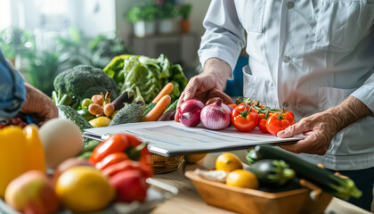 A man is holding a plate of vegetables, including broccoli and tomatoes - Powered by Adobe