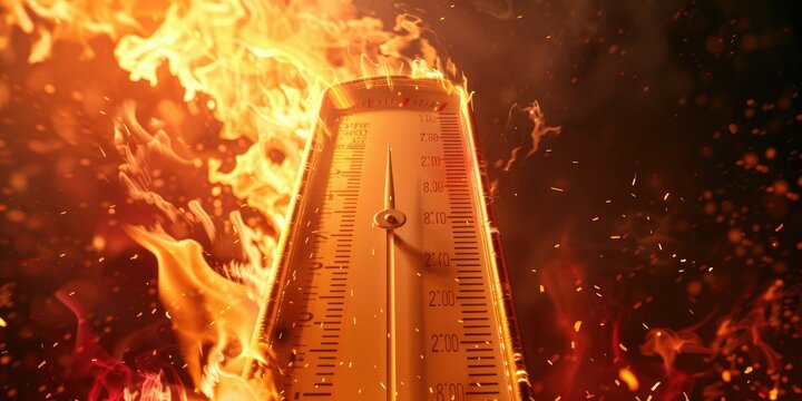 Thermometer on FireA thermometer with the mercury reaching extremely high temperatures, bordering on the edge of the scale