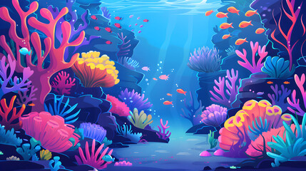 Vibrant and colorful illustration of an underwater scene showcasing a lively coral reef teeming with diverse fish and sunlight filtering through.