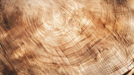 Close-up view of a tree trunk cross-section showing growth rings and natural wood grain texture. Brown and beige tones provide a rustic background with space for text.