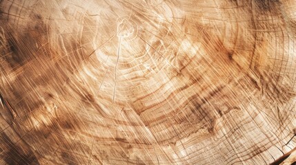 Naklejka premium Close-up view of a tree trunk cross-section showing growth rings and natural wood grain texture. Brown and beige tones provide a rustic background with space for text.