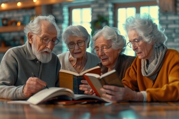 Book Club Discussion A group of elderly friends engaged in a lively book club discussion, keeping their minds active and social