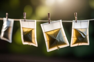 Tea bags drying on a rope