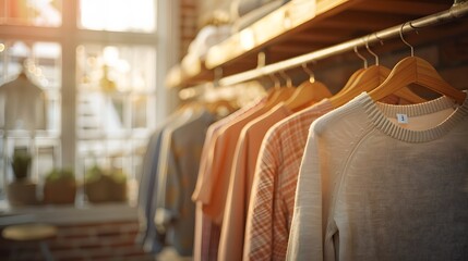 Fototapeta premium Wooden hangers holding shirts and blouses. A rack of chic, casual items in soft colors is displayed. The light from large windows creates a warm atmosphere. 