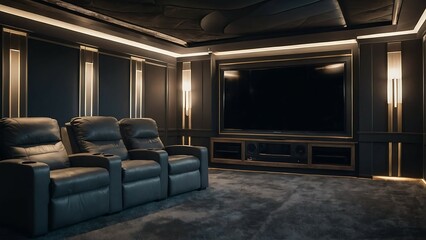 Luxury living room interior with black leather sofa and tv. 