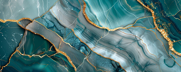 Vibrant cerulean  silver marble design with golden lines reflecting high-end luxurious stone style