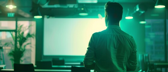 Fototapeta premium Earlier this year, a Caucasian male tech CEO gave a presentation on business objectives and profit margins in the conference room of an innovative startup office.