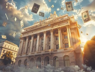 The image shows a classical building with money flying around.