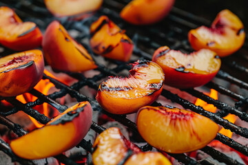 Ripe grilled peaches on grill with flames in the summer, healthy summer desert, Generative AI