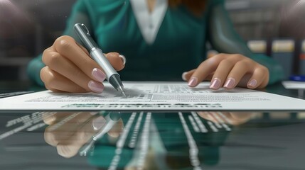 A strategic scene showing a businesswoman s hands holding a pen over a meeting plan, selective focus on the pen tip, with blurred notes and a minimalist office background