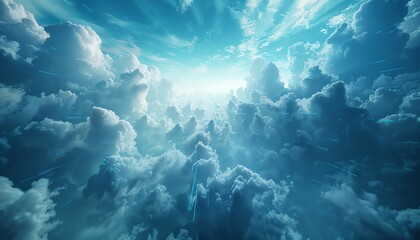 Obraz premium Hightech cloudscape, wideangle, data streams weaving, softfocus, digital computing background