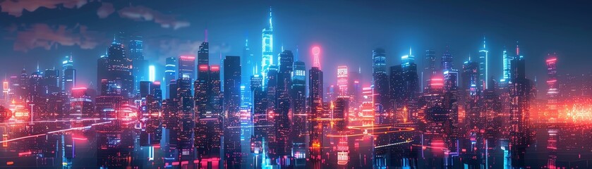 Fototapeta premium Metaverse tech skyline, panoramic view, neon streams linking buildings, dynamic smart city night