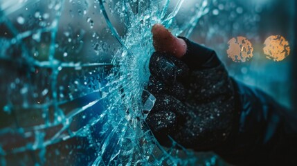A hand holding a broken glass window with the fingers pointing out, AI