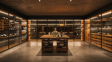 A minimalist, modern wine cellar with floor-to-ceiling, temperature-controlled glass enclosures showcasing an extensive wine collection. 