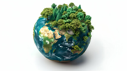 Isometric Globe Icon Framed by Forest Canopy, Signifying Importance of Forest Preservation and Biodiversity � 3D Flat Icon