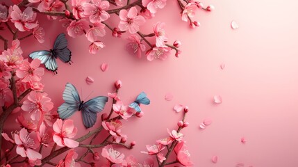 Minimalist Spring Theme with Geometric Cherry Blossoms and Butterflies Border

