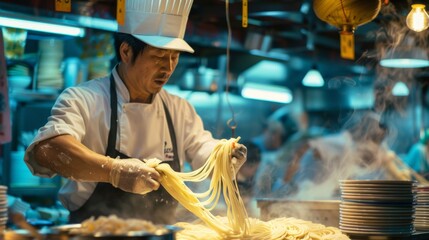 A chef skillfully crafting hand-pulled noodles in a bustling noodle shop