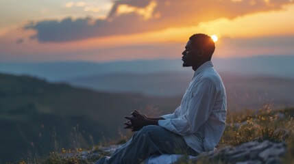 Spiritual Young African Man Praying on Mountain Top at Sunrise

