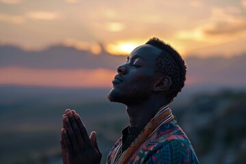 Spiritual Young African Man Praying on Mountain Top at Sunrise

